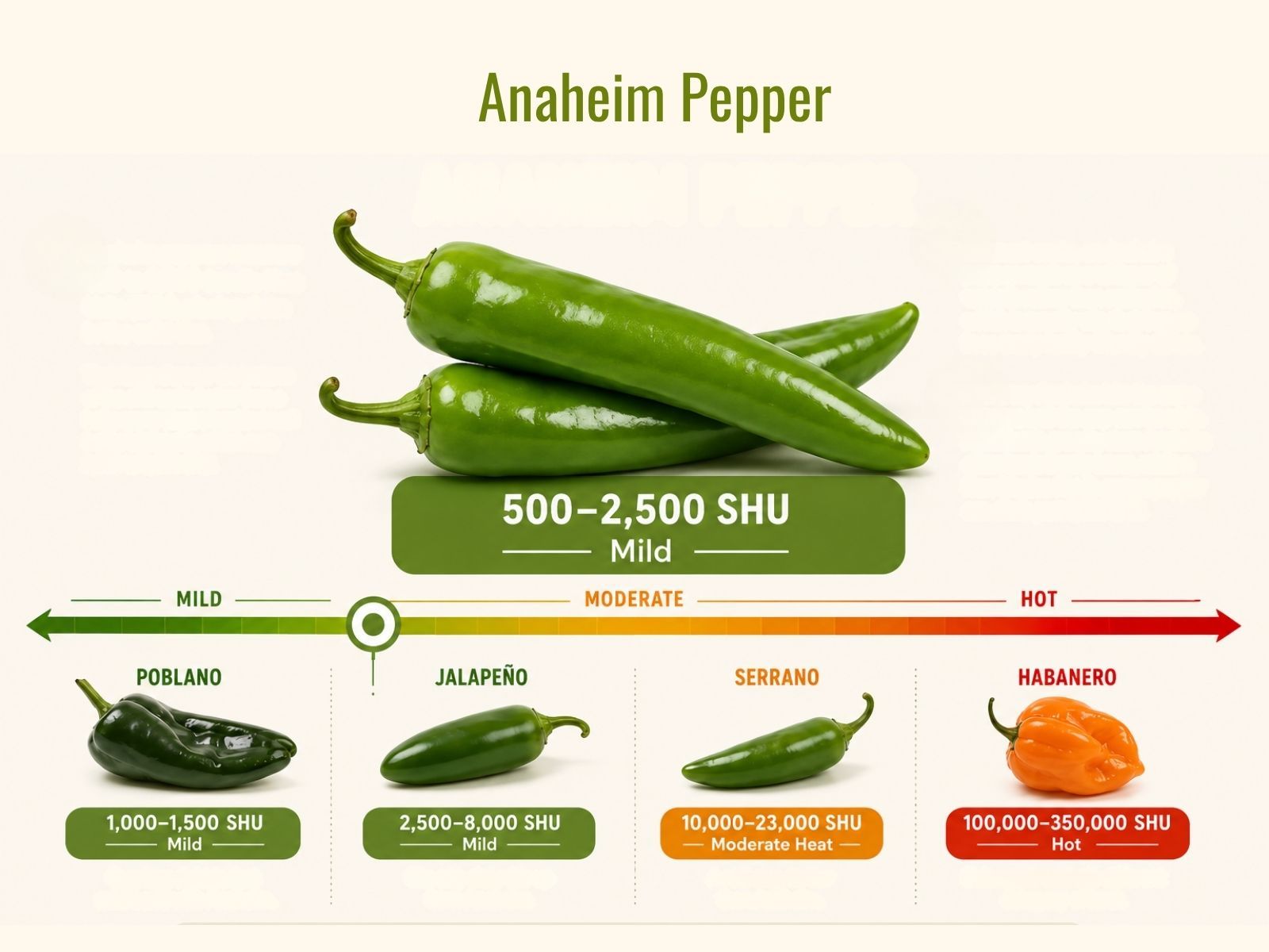 Anaheim peppers measure 500 to 2,500 Scoville Heat Units (SHU)