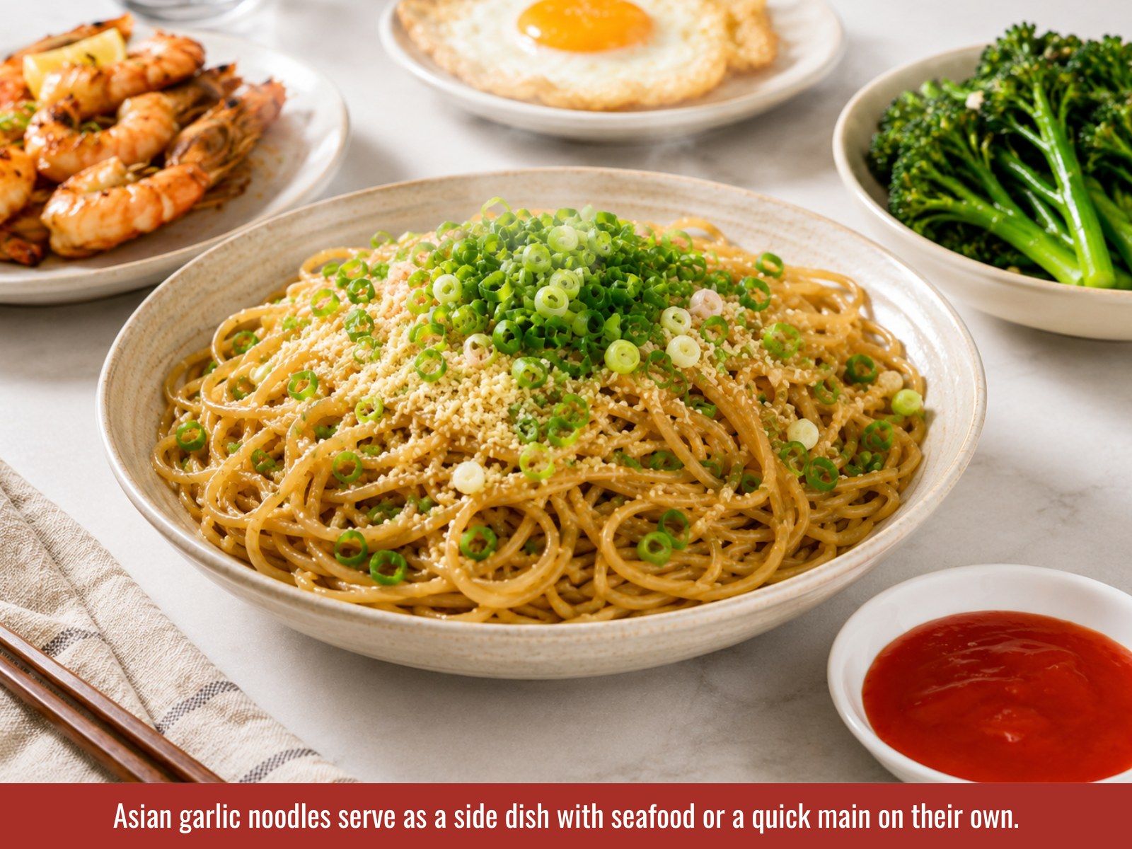 Asian garlic noodles served with seafood and toppings