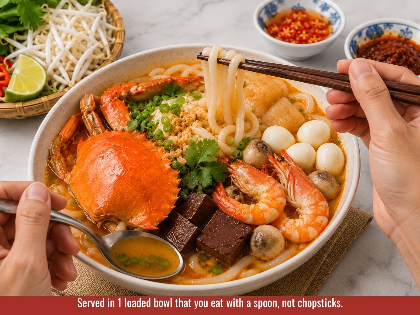 Serve banh canh cua with noodles, seafood, quail eggs, and herbs
