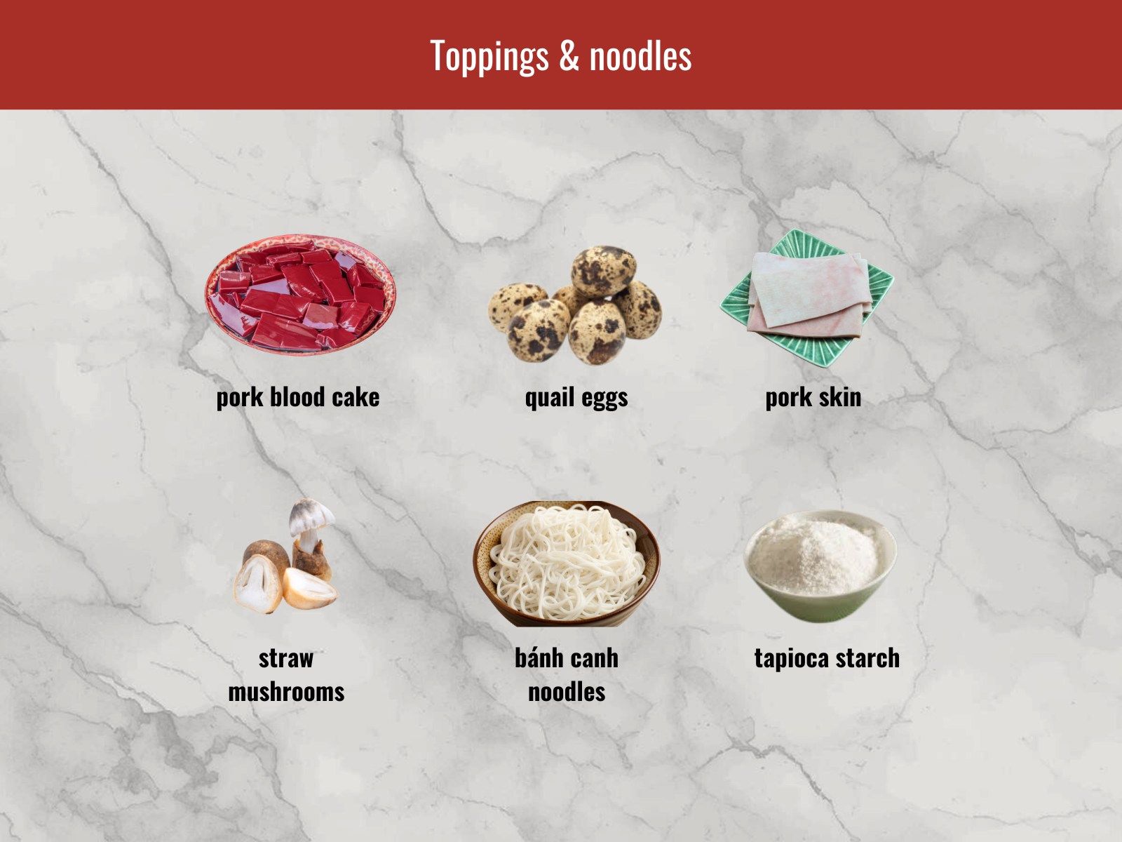 Toppings and noodles for banh canh cua