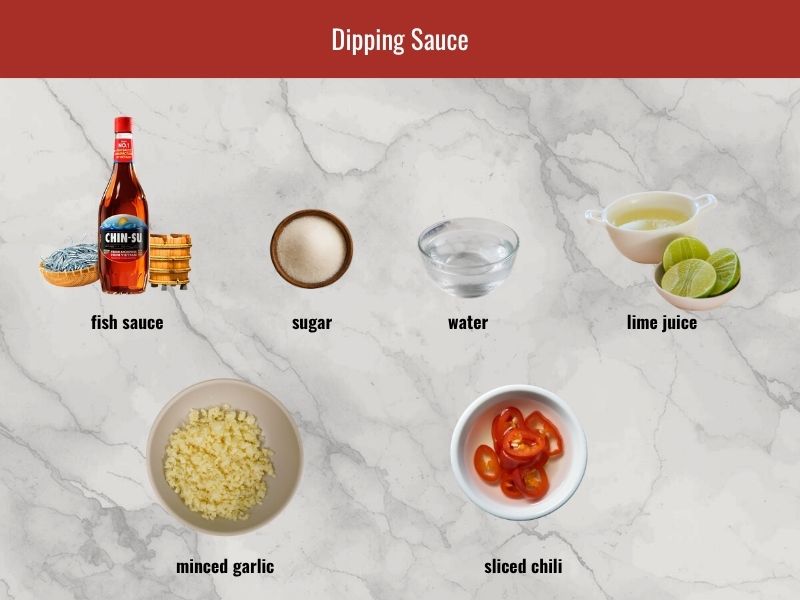 Vietnamese dipping sauce ingredients including fish sauce, sugar, lime juice, garlic, and chili for banh cuon