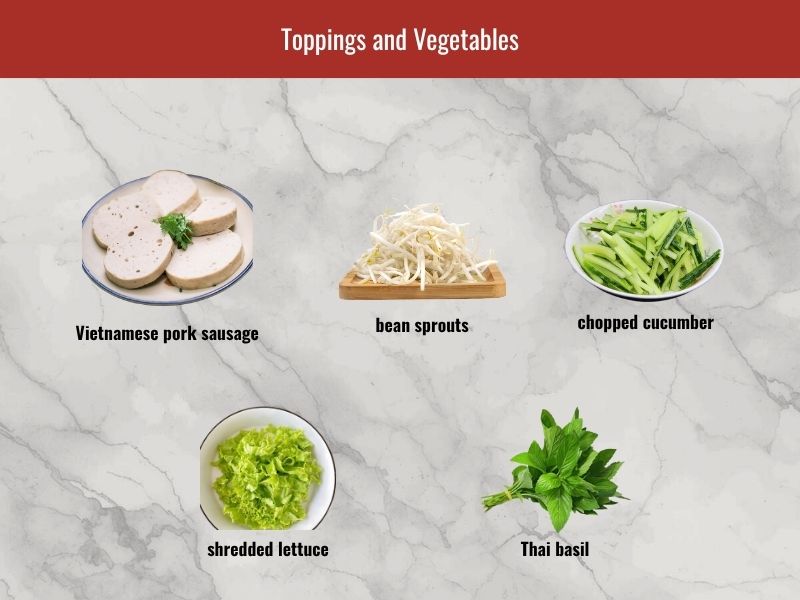 Banh cuon toppings including Vietnamese pork sausage, bean sprouts, cucumber, lettuce, and fresh herbs