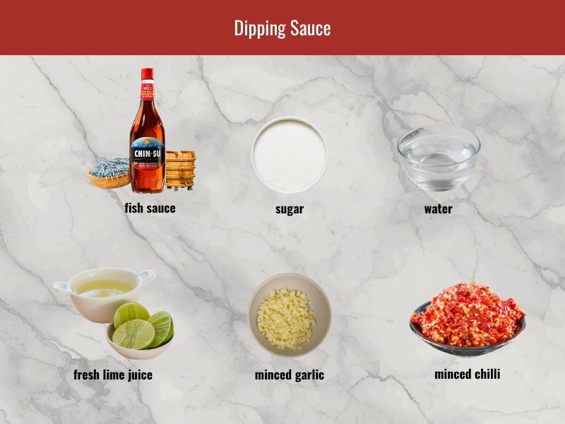 Vietnamese dipping sauce ingredients including fish sauce, sugar, lime juice, garlic, and chili for banh khot