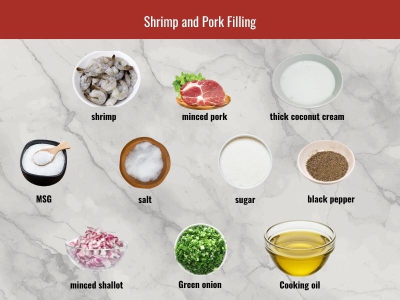 Banh khot filling ingredients including shrimp, minced pork, coconut cream, shallots, green onion, and seasonings