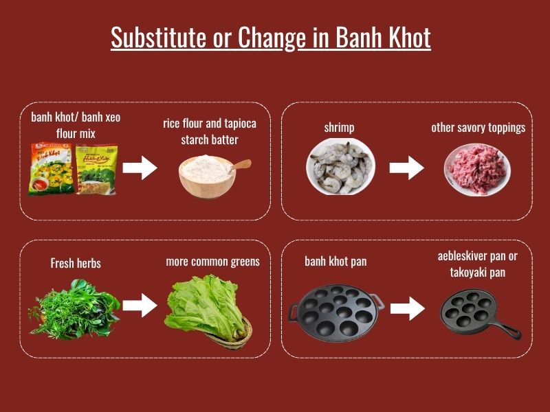 Banh khot substitutions including batter ingredients, toppings, herbs, and cooking pans