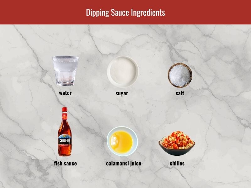 Vietnamese dipping sauce ingredients including fish sauce, sugar, water, calamansi juice, and chili