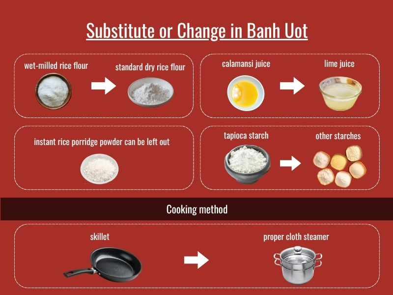 Banh uot ingredient substitutions including flour, starch, citrus, and steaming methods