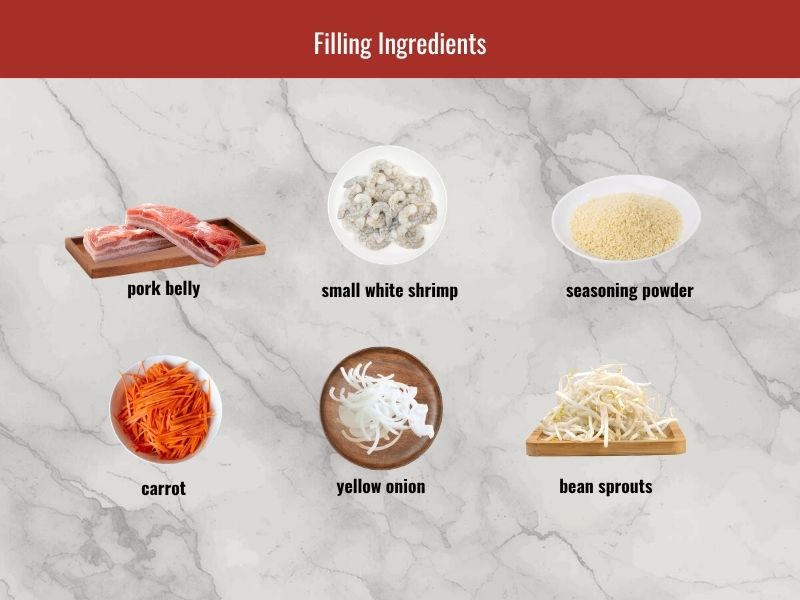Banh xeo filling ingredients including pork belly, shrimp, onion, carrot, and bean sprouts