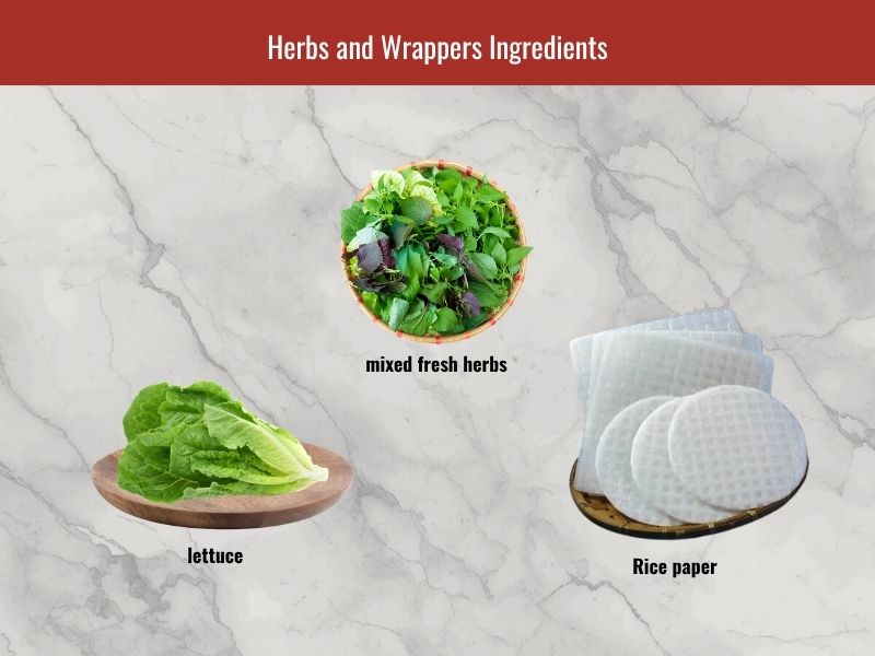 Fresh herbs, lettuce, and rice paper served with Vietnamese banh xeo wraps
