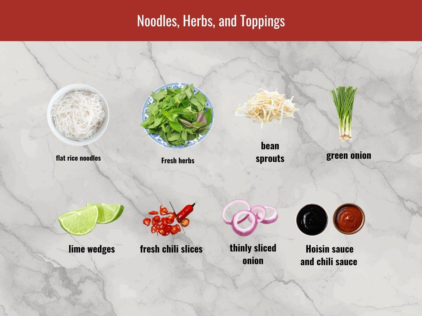Rice noodles, herbs, and toppings for beef rib pho