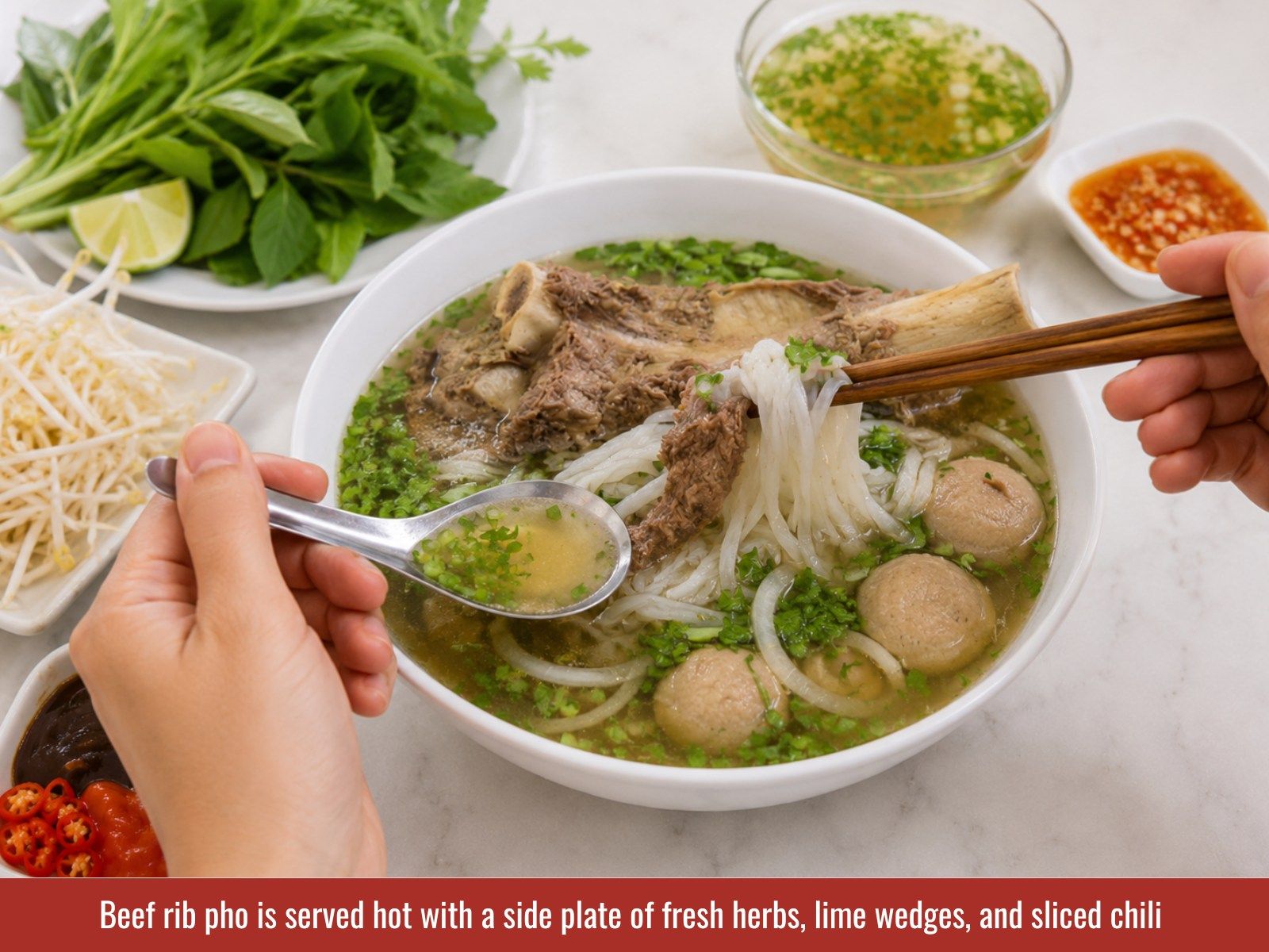 Serve beef rib pho with herbs, lime, and chili on the side