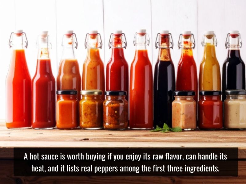 Hot sauce bottles showing buying test for flavor, heat, and ingredients