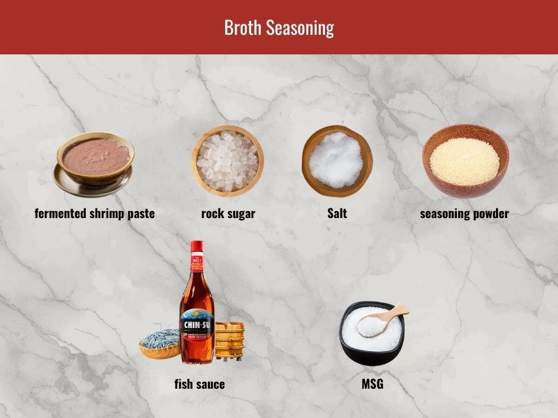 Bun bo Hue seasoning ingredients including fermented shrimp paste, fish sauce, rock sugar, salt, seasoning powder, and MSG