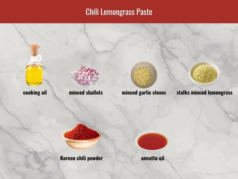 Bun bo Hue sa te ingredients including lemongrass, garlic, shallots, chili powder, and annatto oil