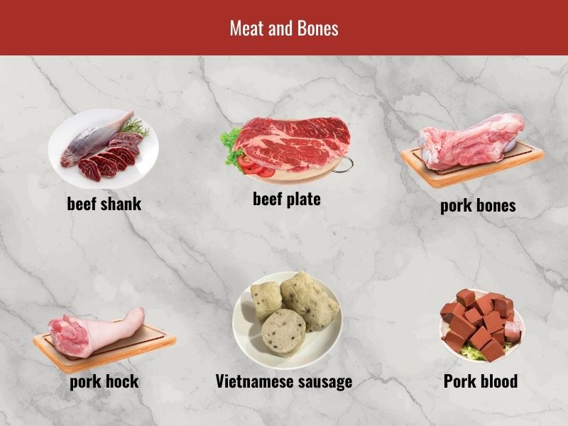 Bun bo Hue ingredients including beef shank, beef plate, pork bones, pork hock, Vietnamese sausage, and optional pork blood