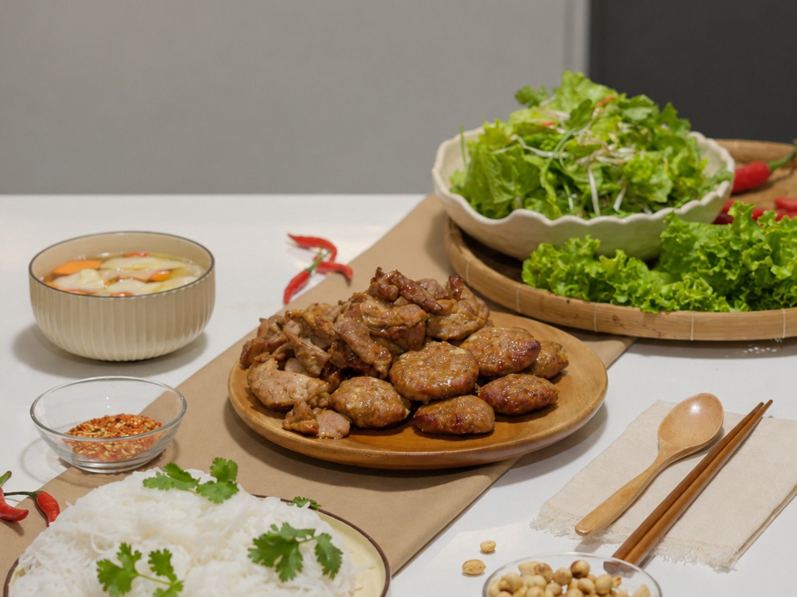 Bun cha Hanoi served with each component on its own plate