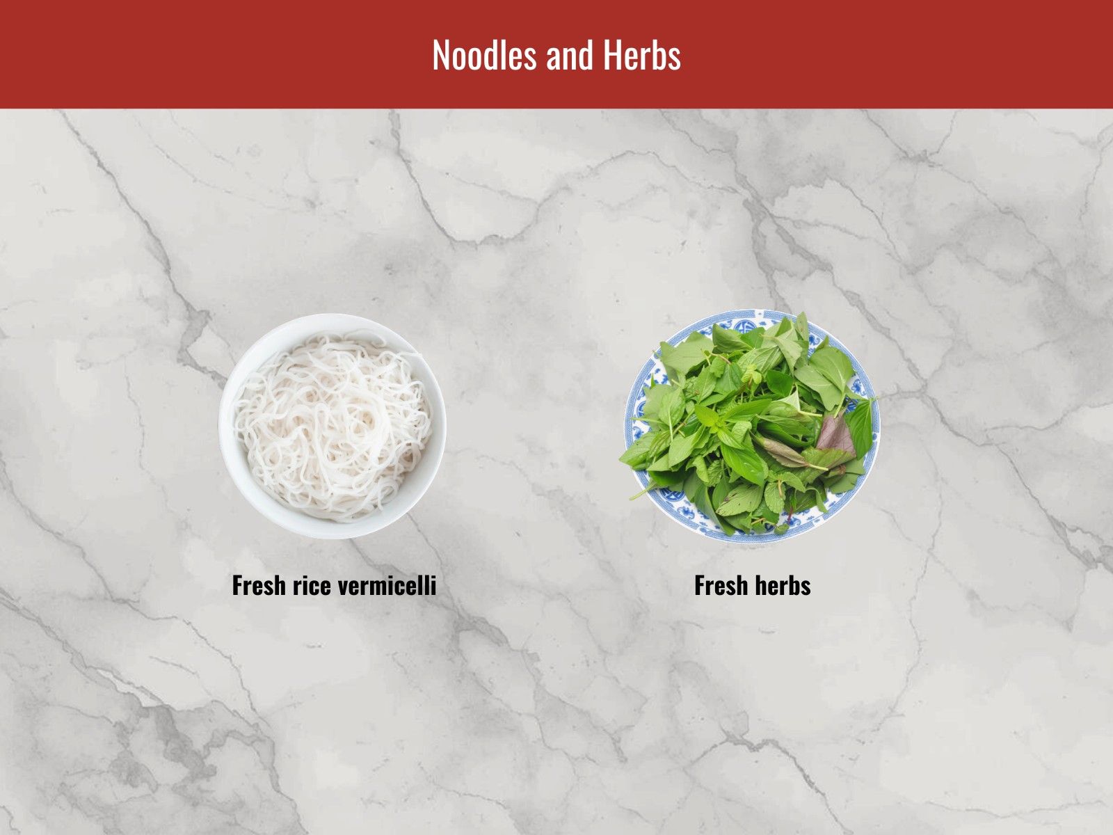 Fresh rice vermicelli with a plate of Vietnamese herbs