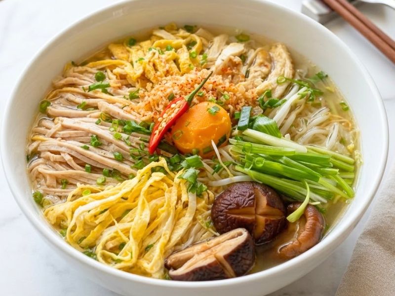 Hanoi bun thang with clear broth, shredded chicken, egg strips, pork sausage, and delicate toppings