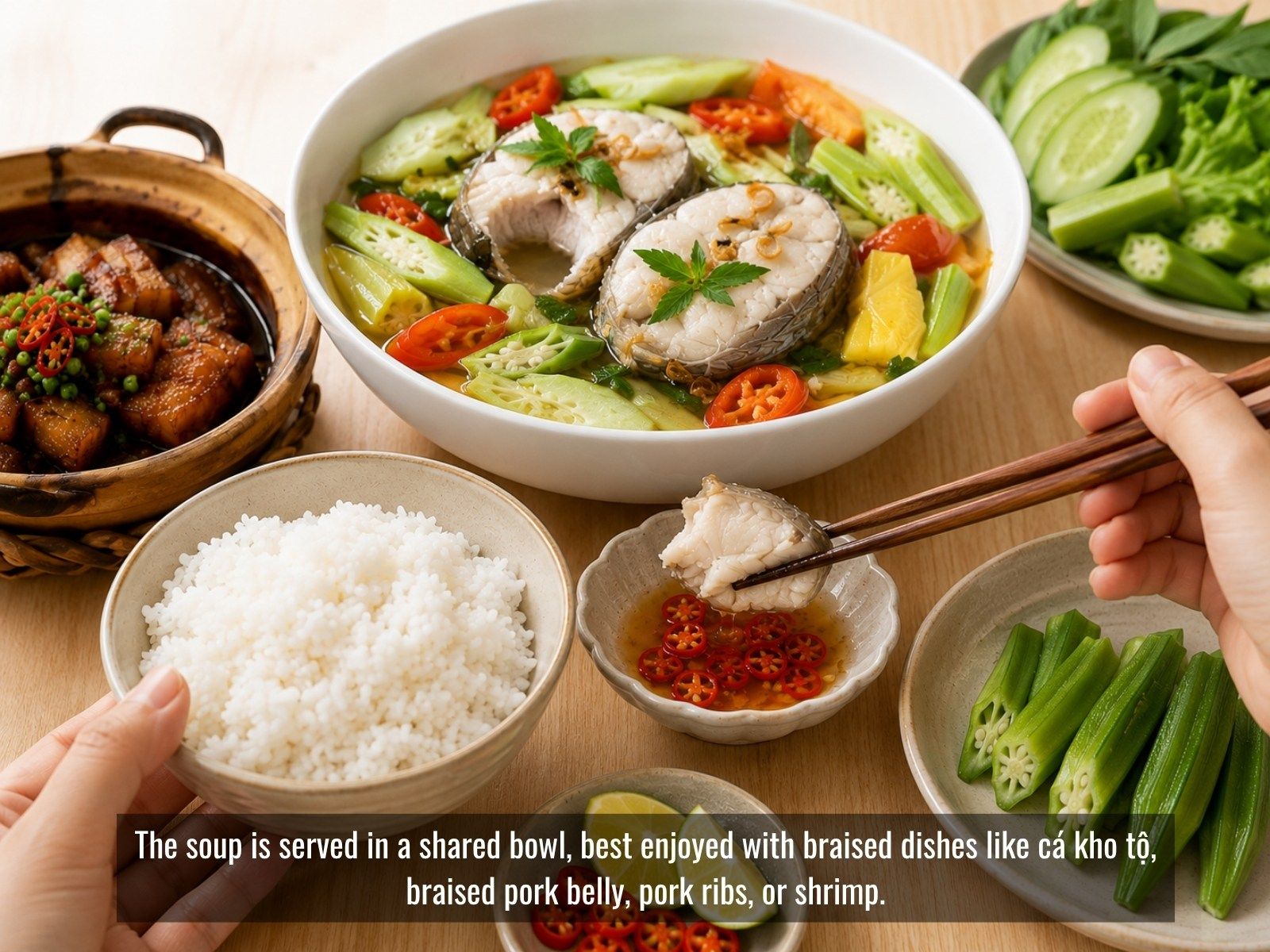 Serve canh chua with rice, bún, and side dishes