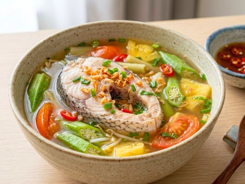 Southern Vietnamese canh chua with fish, tamarind broth, pineapple, tomato, okra, and herbs