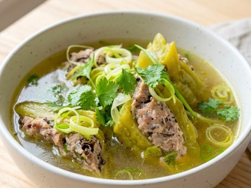 Vietnamese stuffed bitter melon soup with pork filling, clear broth, and traditional Tet meal flavors