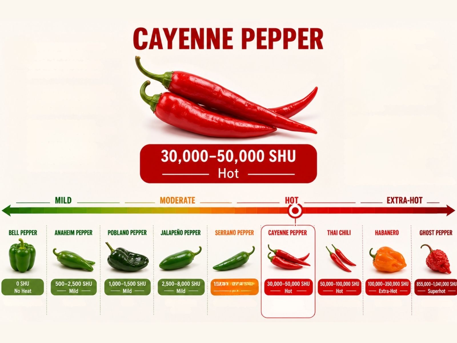 Cayenne pepper measures 30,000 to 50,000 Scoville Heat Units