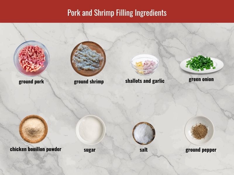 Cha gio filling ingredients including ground pork, shrimp, shallots, garlic, green onion, and savory seasonings