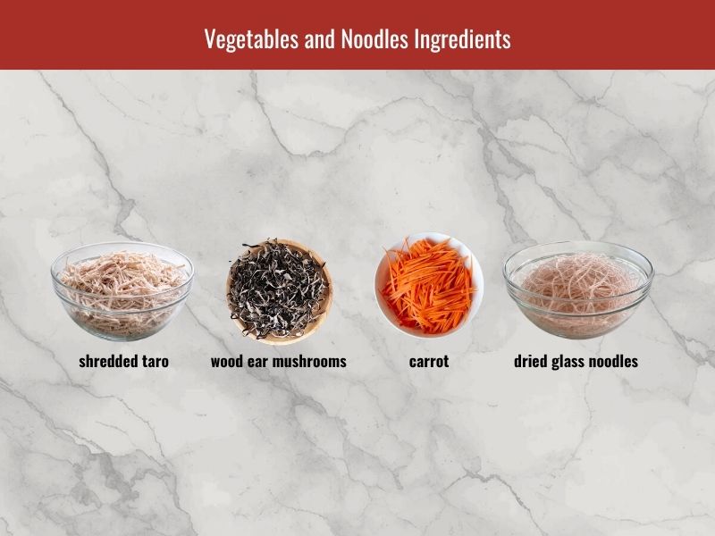 Cha gio vegetable ingredients including taro, carrot, wood ear mushrooms, and glass noodles