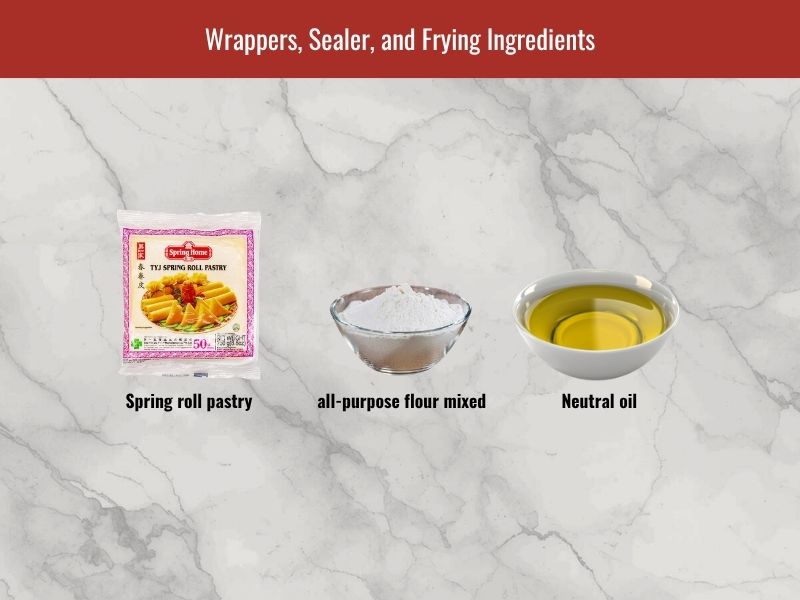 Cha gio frying ingredients including spring roll pastry wrappers, flour sealer, and cooking oil