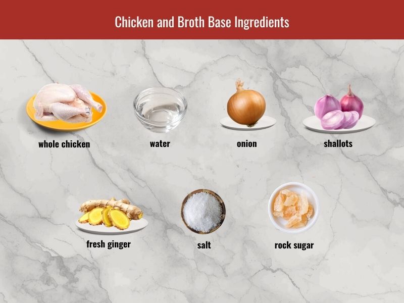 Chao ga ingredients including whole chicken, onion, shallots, ginger, salt, rock sugar, and broth aromatics
