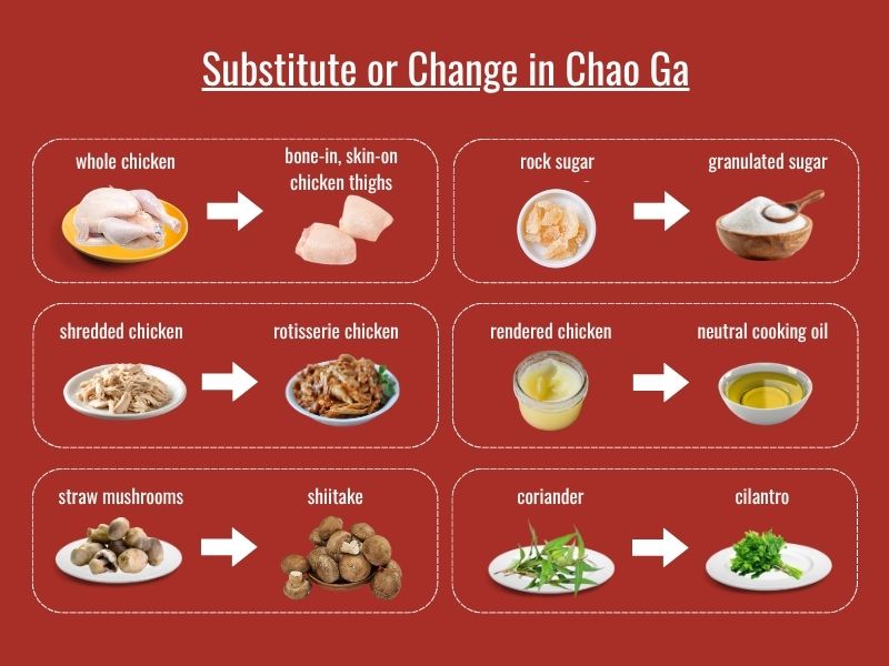 Chao ga ingredient substitutions including chicken cuts, mushrooms, sweeteners, and herbs