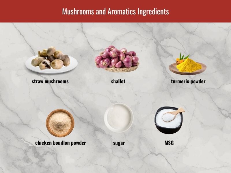 Chao ga mushroom ingredients including straw mushrooms, shiitake mushrooms, shallots, turmeric, and seasonings