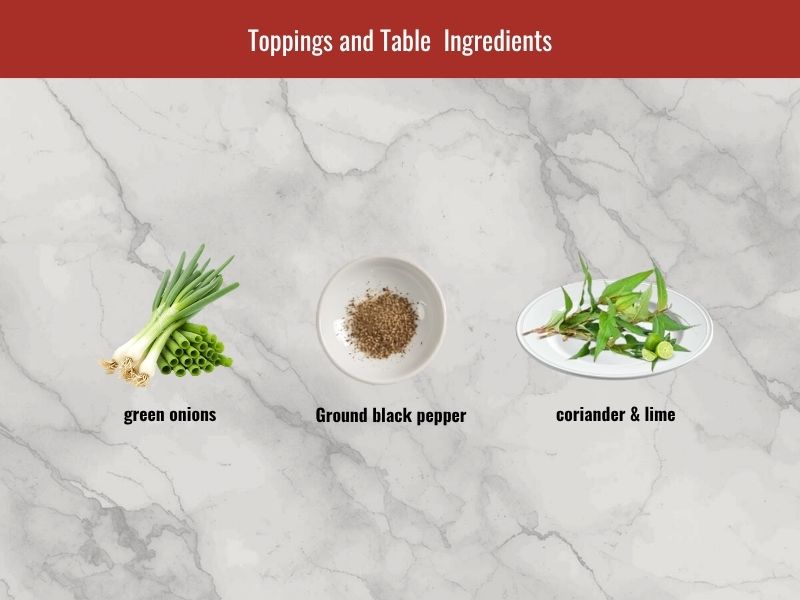 Chao ga toppings including green onion, Vietnamese coriander, cilantro, fried shallots, lime, black pepper, and dipping seasonings