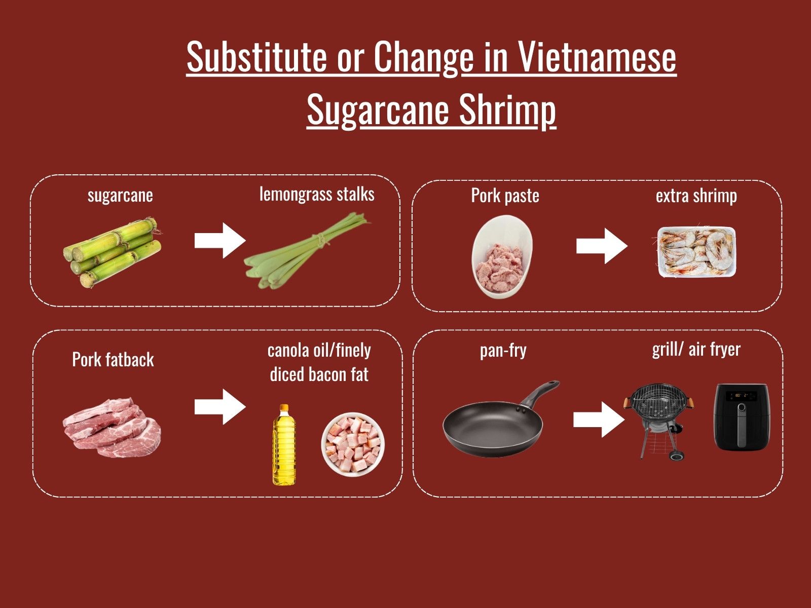 Chao tom ingredient substitutions