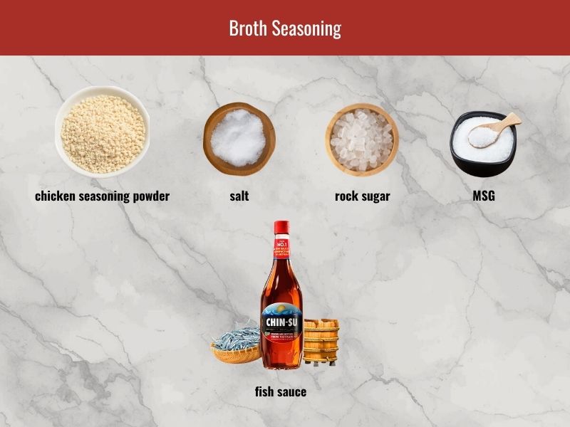 Chicken pho seasoning ingredients including fish sauce, rock sugar, salt, chicken seasoning powder, and optional MSG