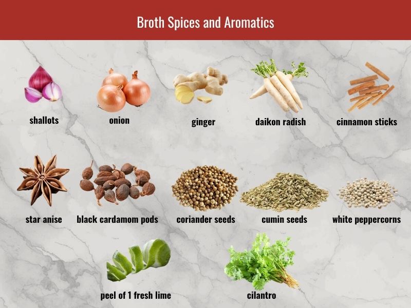 Chicken pho aromatics and spices including onion, ginger, shallots, daikon, cinnamon, star anise, cardamom, and coriander seeds