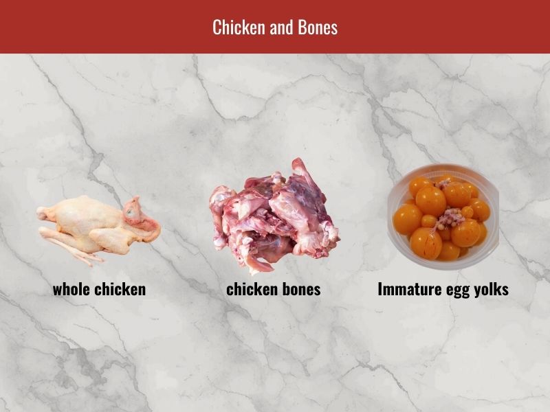 Chicken pho ingredients including whole chicken, chicken bones, and optional immature egg yolks for the broth and toppings