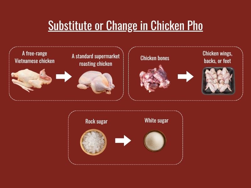 Chicken pho substitutions including different chicken cuts, bones, sweeteners, and cooking methods