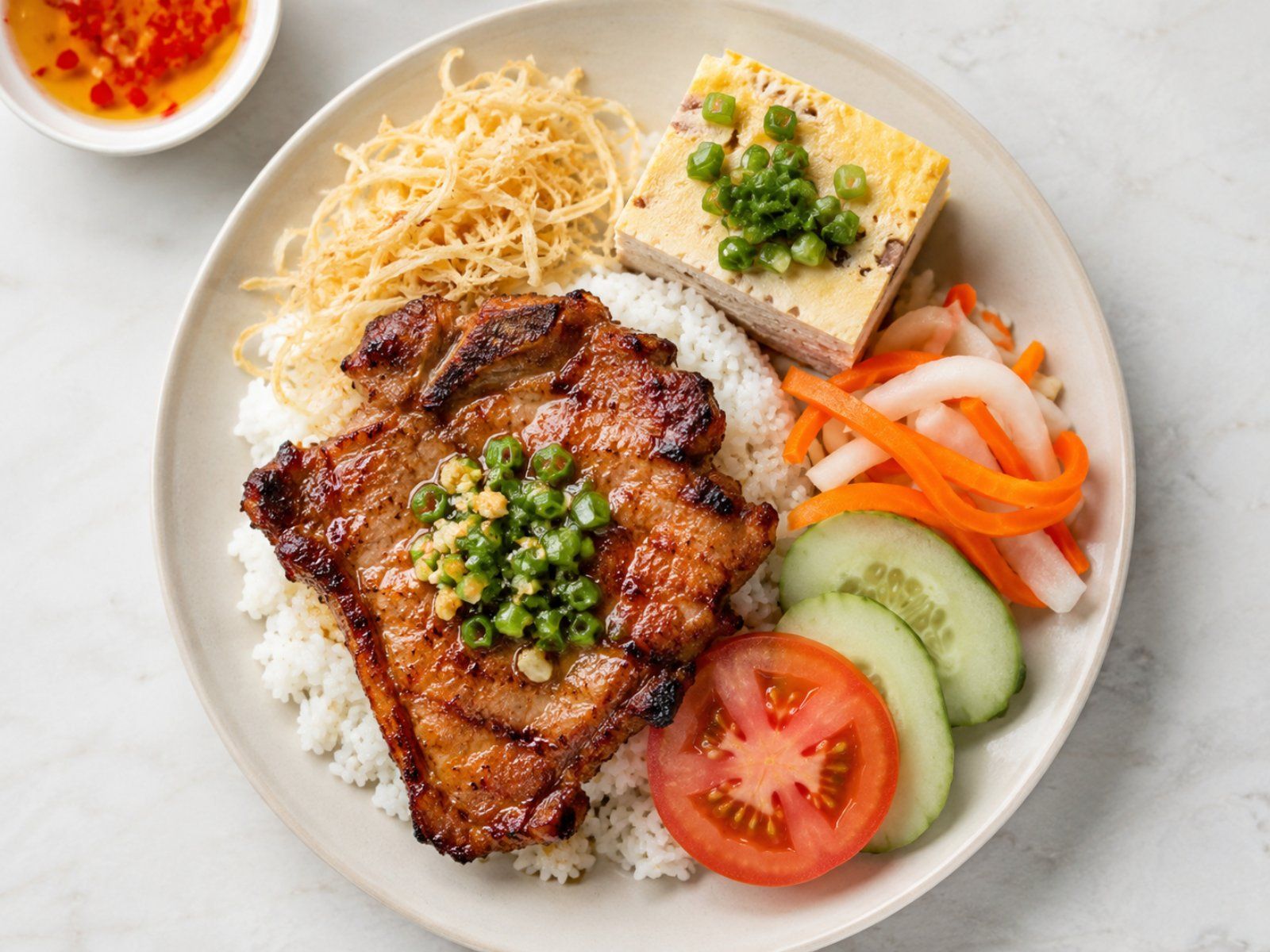 Vietnamese broken rice plate with signature toppings