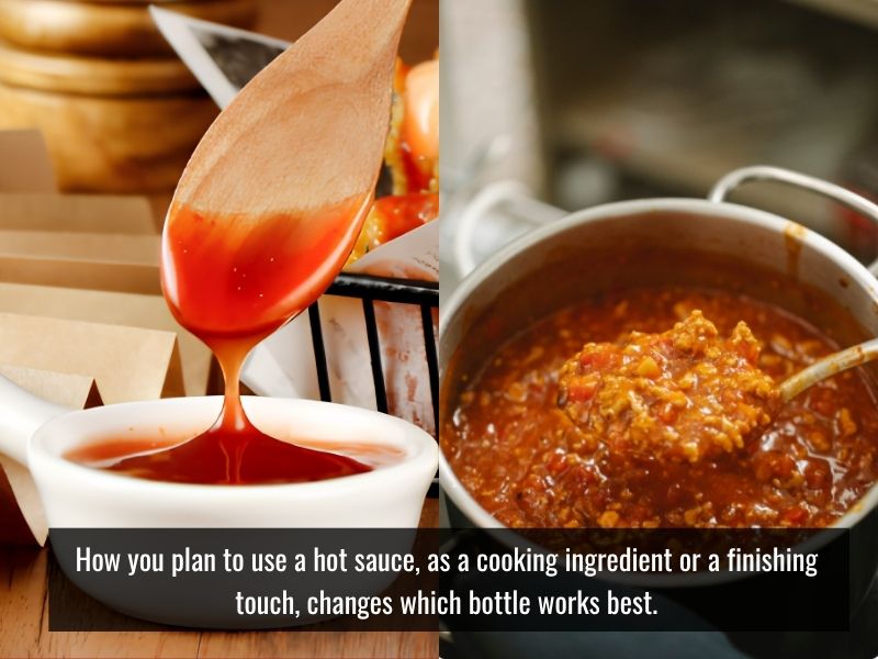 Hot sauce for cooking and finishing shown with drizzle and sauce pot