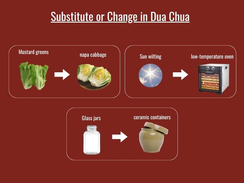 Dua chua substitutions including napa cabbage, daikon leaves, alternative containers, and fermentation methods