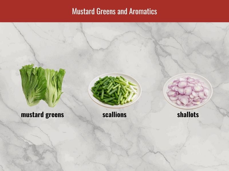 Dua chua ingredients including mustard greens, scallions, and shallots prepared for Vietnamese fermentation