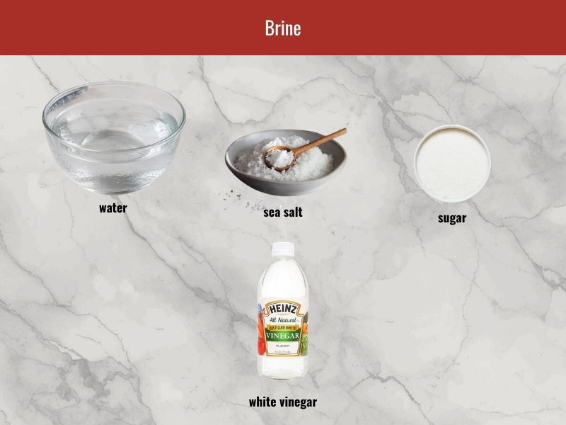 Salt brine ingredients for dua chua fermentation including water, sea salt, sugar, and optional vinegar