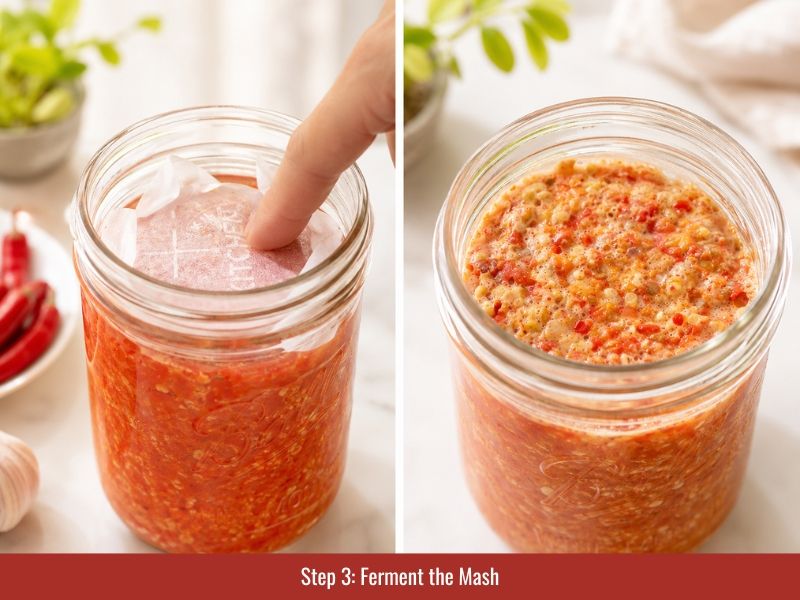 Seal jars and ferment pepper sauce at room temperature for 1 month