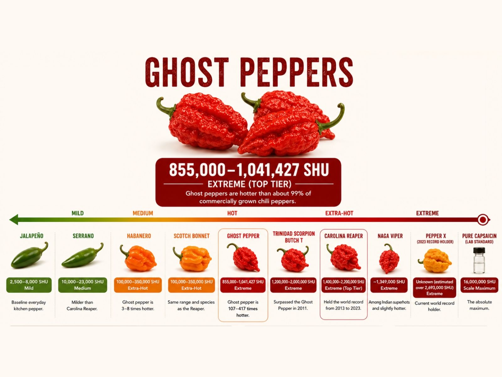 Ghost pepper Scoville heat compared with superhot peppers