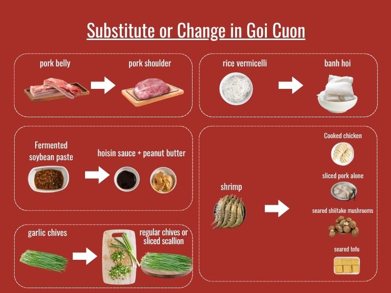 Goi cuon ingredient substitutions including different proteins, noodles, herbs, and dipping sauces