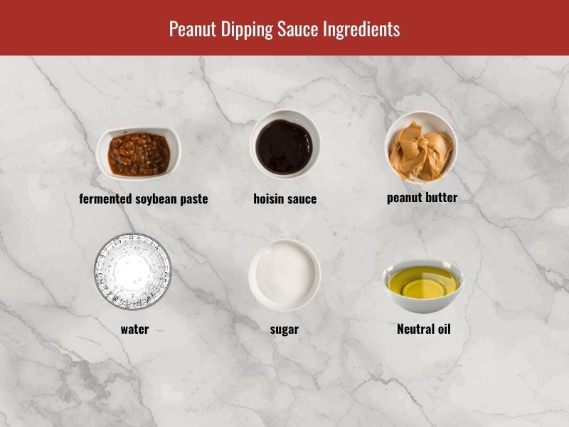 Peanut dipping sauce ingredients including fermented soybean paste, hoisin sauce, peanut butter, shallots, sugar, and chili