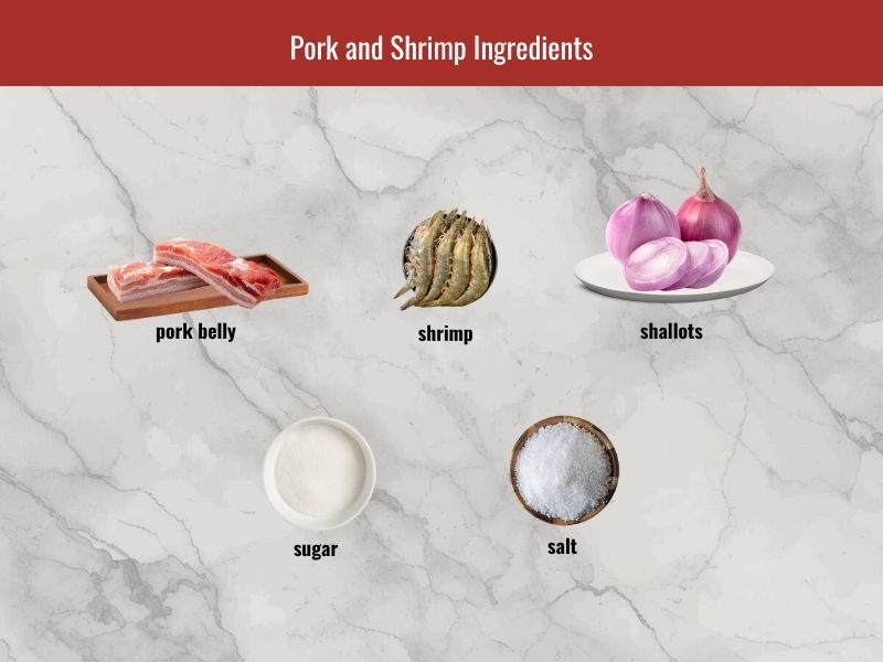 Goi cuon protein ingredients including pork belly, shrimp, shallot, salt, and sugar for boiling