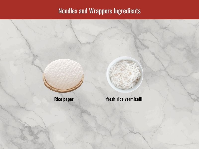 Goi cuon ingredients including rice paper wrappers and fresh rice vermicelli noodles for Vietnamese spring rolls