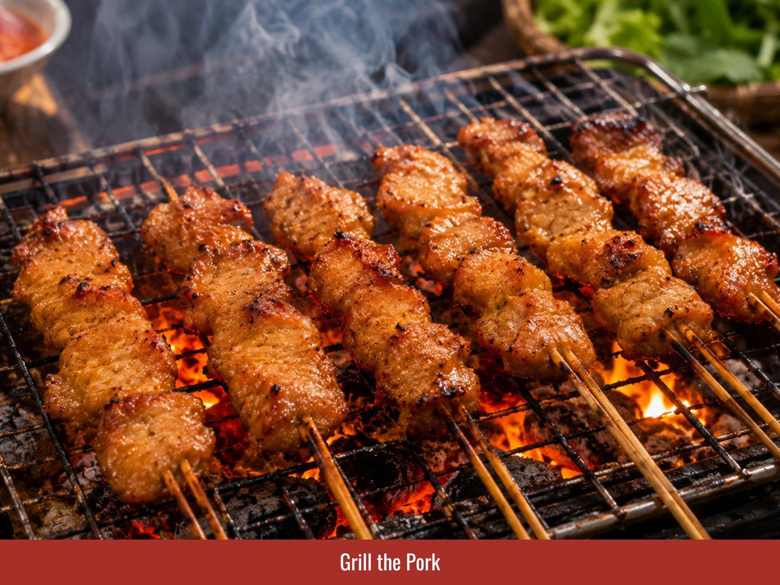 Grilling marinated pork over charcoal